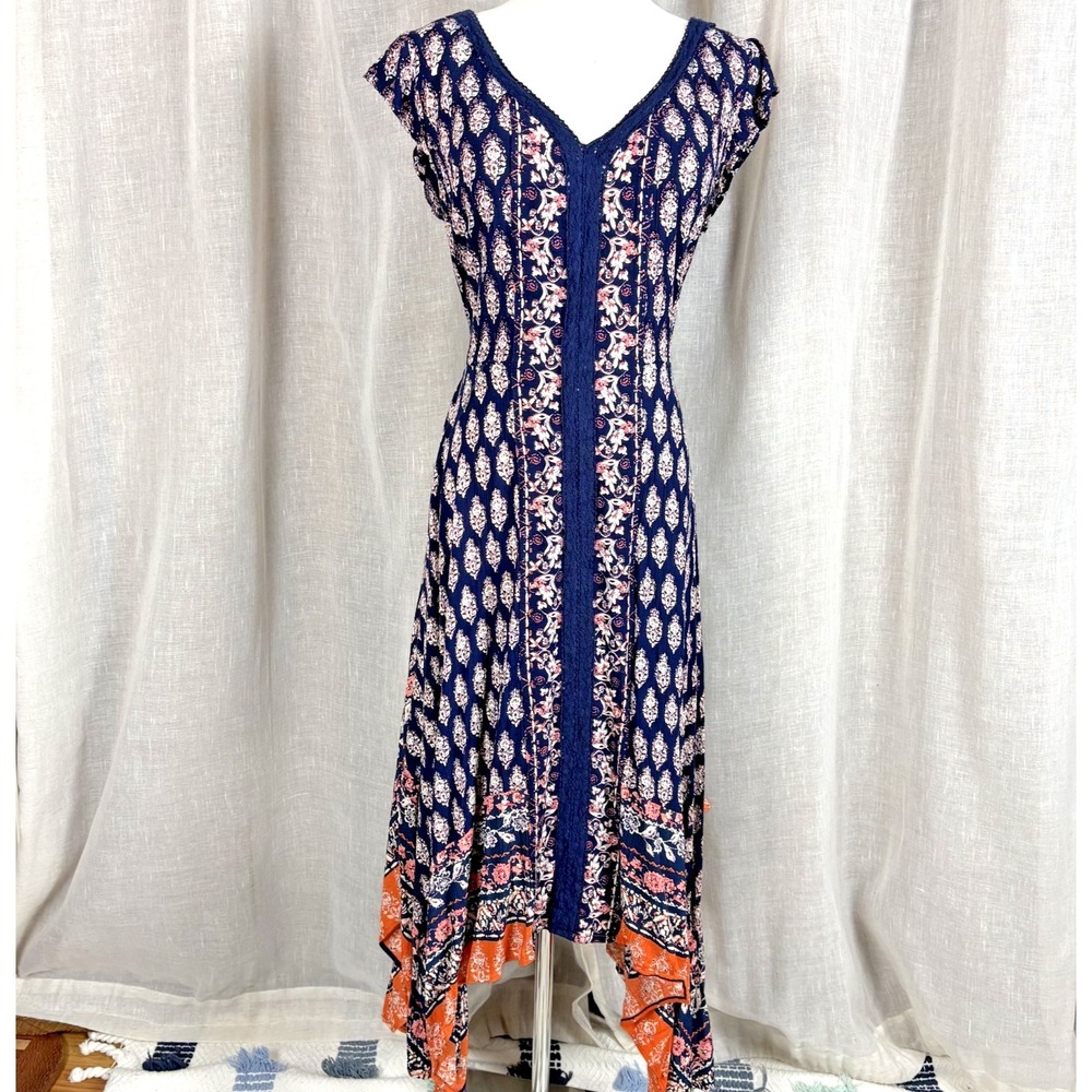 Nostalgia Y2K Rayon Dress Sz L Navy Asymmetrical Hem Back Waist Tie Boho Hippie‎